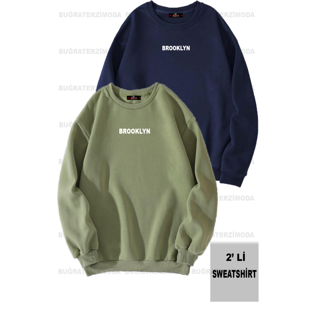 Buğraterzimoda Brooklyn Baskılı Unisex Oversize Haki-Lacivert İkili Sweathirt M Beden Bayan Sweatshirt Fiyatı