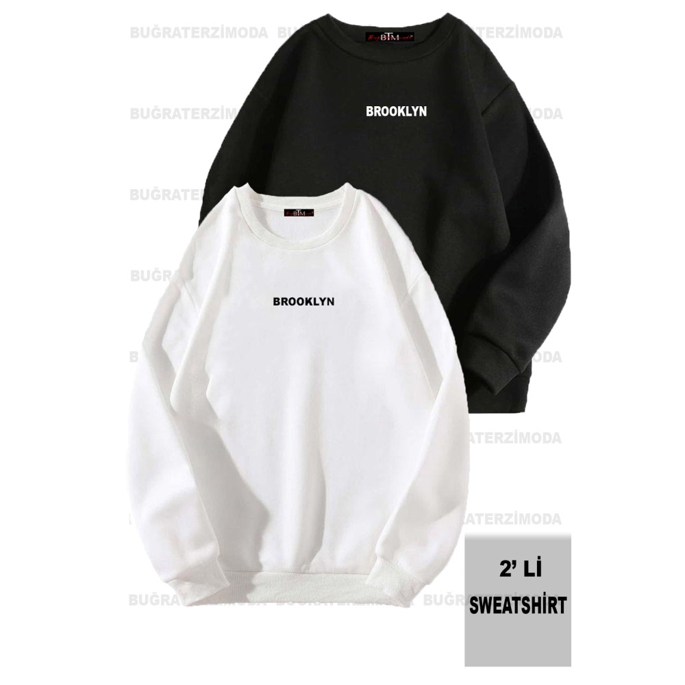 Buğraterzimoda Brooklyn Baskılı Unisex Oversize Siyah-Beyaz İkili Sweathirt XL Beden Bayan Sweatshirt Fiyatı