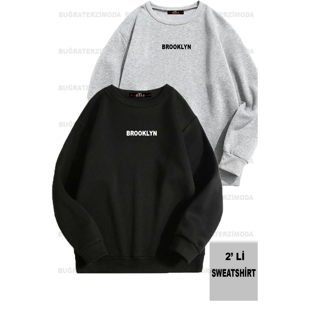 Buğraterzimoda Brooklyn Baskılı Unisex Oversize Siyah-Gri İkili Sweathirt XXL Beden Bayan Sweatshirt Fiyatı