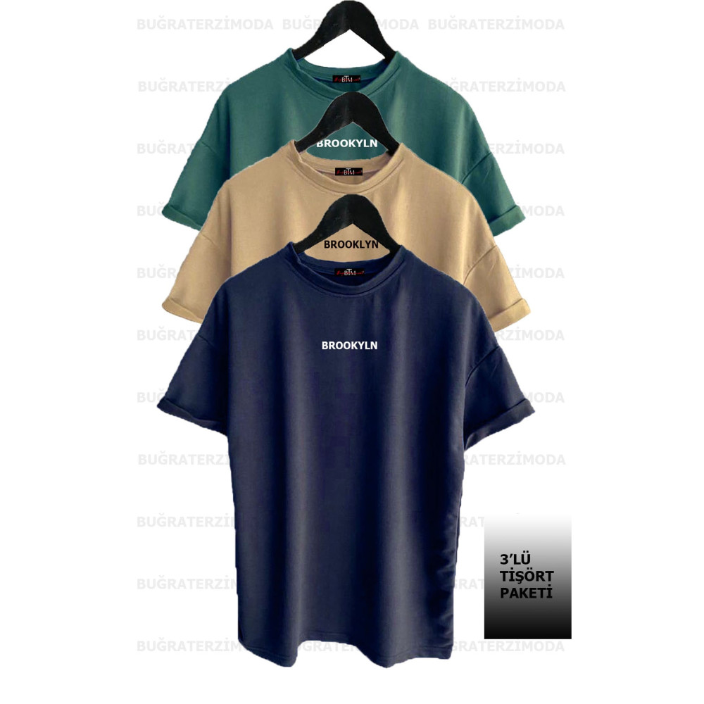 Buğraterzimoda Brooklyn Baskılı Unisex Petrol Yeşili-lacivert-bej (bol Kalıp) Oversize 3lü T-shirt Paketi S Beden Bayan T-shirt Fiyatı