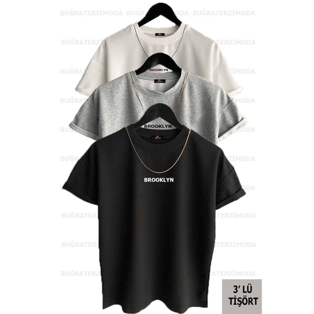 Buğraterzimoda Brooklyn Baskılı Unisex Siyah-beyaz-gri (bol Kalıp) Oversize 3lü T-shirt Paketi XS Beden Bayan T-shirt Fiyatı
