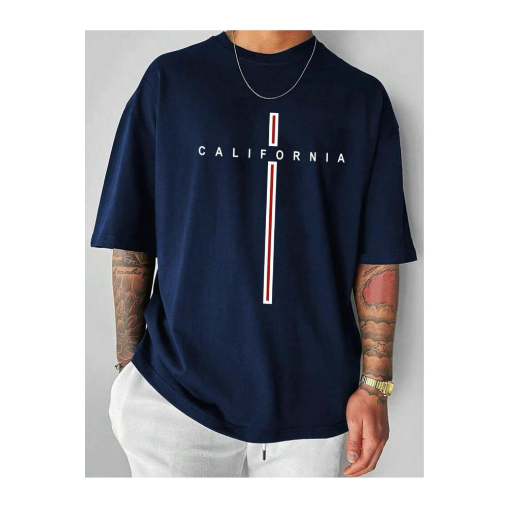 Buğraterzimoda California Baskılı Bisiklet Yaka Lacivert Oversize T-Shirt L Beden Bayan T-shirt Fiyatı