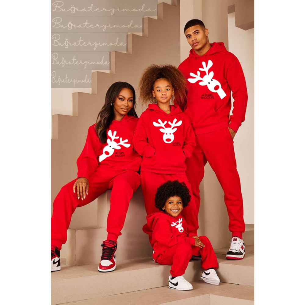 Buğraterzimoda Noel Yılbaşı Aile Kombini Geyik Baskılı Kapüşonlu Kanguru Cepli Kırmızı Sweatshirt (tek Fiyatıdır) 10-11 Yaş Beden Bayan Sweatshirt Fiyatı