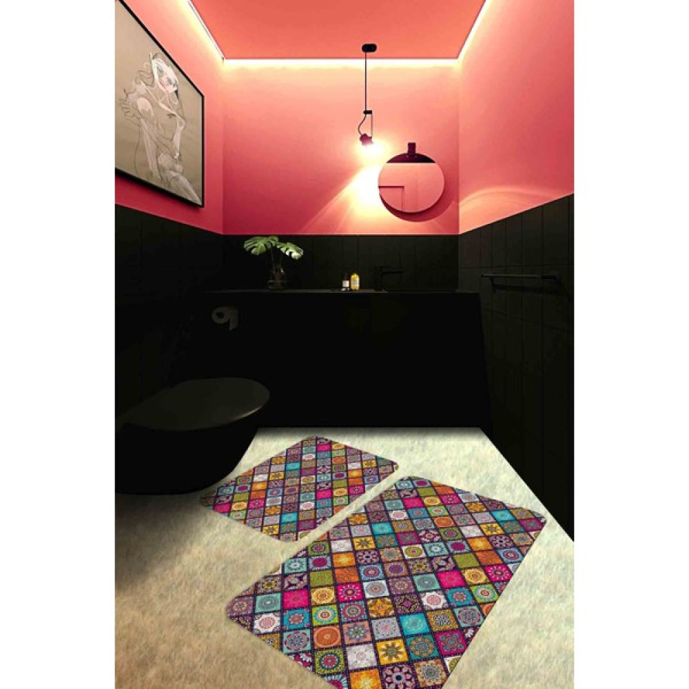 Buket Home 2'li Set Kaymaz Banyo Paspas ve Klozet Takımı 100X60CM-50X60CM - 60 x 100 cm - Çok Renkli Klozet Takımı Fiyatı