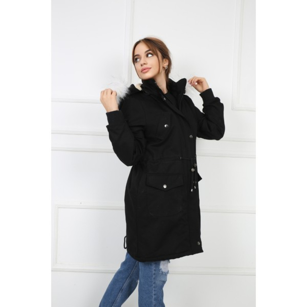 Buket Tekstil Kadın Siyah Peluşlu Oversize Gabardin Kumaş Içi Suni Kürklü Kaban Mont Kadın Kaban Fiyatı