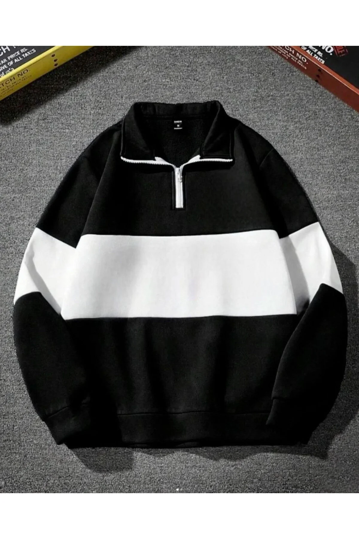 BukuriCO Siyah Beyaz Parçalı Renk Yarım Fermuarlı Polo Yaka Sweatshirt İçi Polarlı Kışlık unisex L Beden" Bayan Sweatshirt Fiyatı