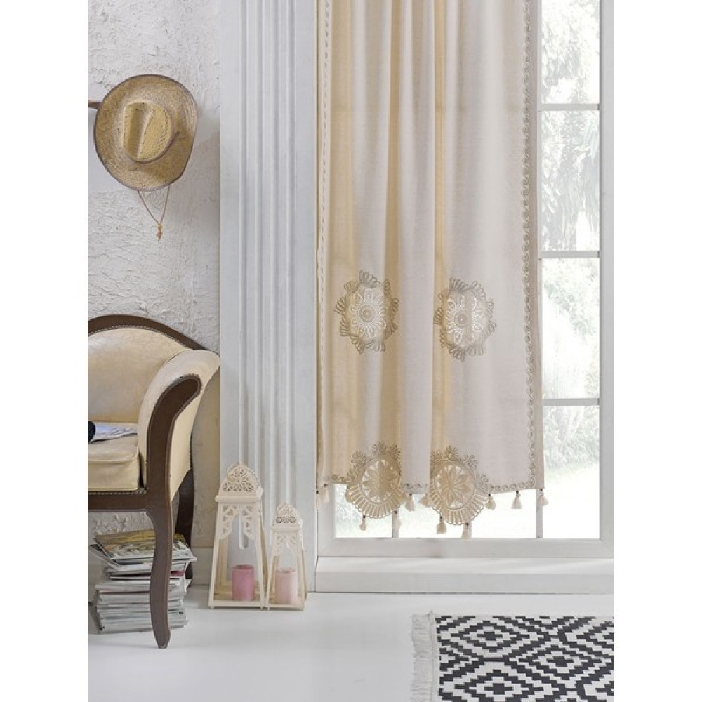Buldan Concept Buldan Işi El Dantelli Keten Perde - Krem - 100 x 210 cm Fon Perde Fiyatı