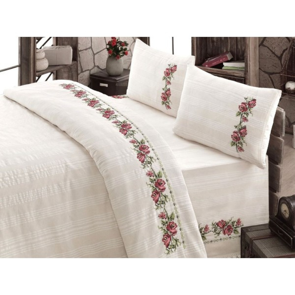 Buldan Işi Kanaviçe Nakışlı Çift Kişilik Nevresim Takımı-Pembe - 220 x 240 cm - Krem Nevresim Takımı Fiyatı