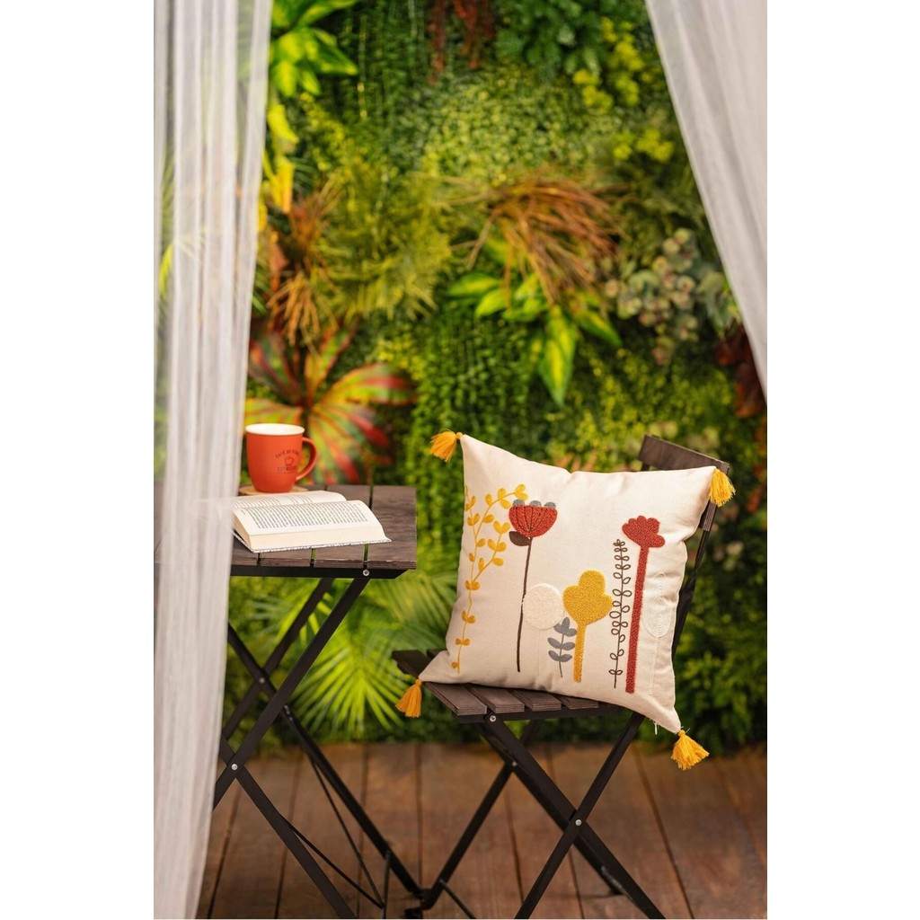 Buldan Store Doğa Motifli Püsküllü Kırlent Kılıfı - 43 x 43 cm - Kırmızı - Hardal Sarısı Kırlent / Mobilya Yastığı Fiyatı