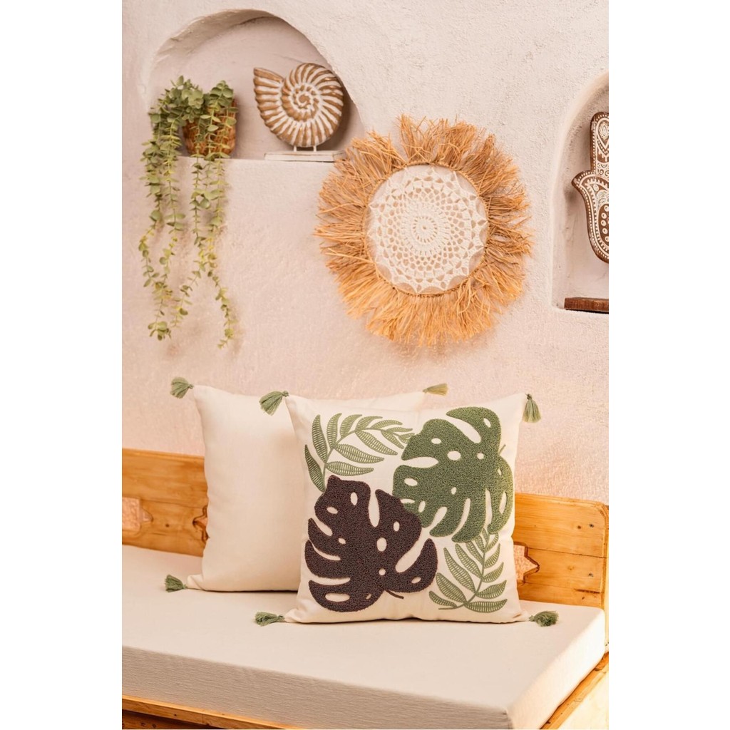 Buldan Store Doğa Motifli Püsküllü Kırlent Kılıfı - 43 x 43 cm - Yeşil - Kahve Kırlent / Mobilya Yastığı Fiyatı