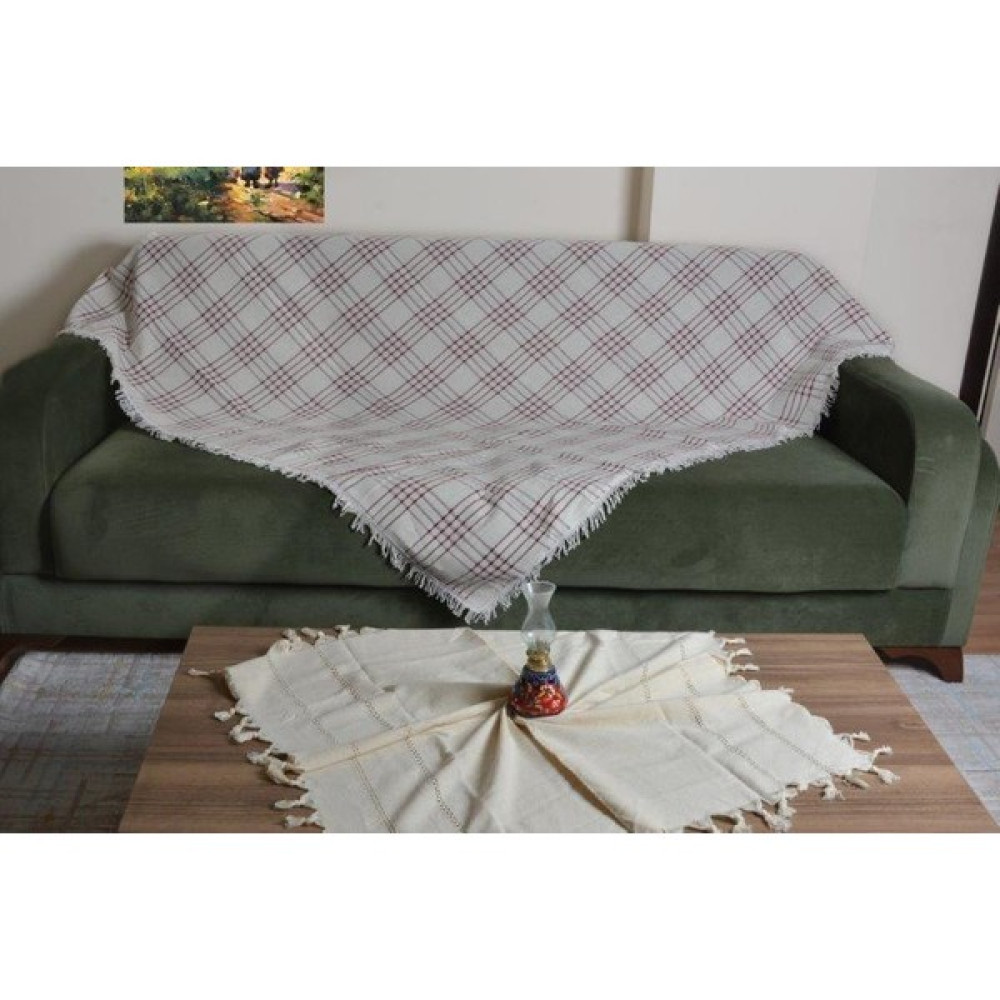 Buldandan Al Bordo Çizgili Kenarları Püsküllü Tek Koltuk / Sedir Örtüsü - 180 x 220 cm Koltuk & Kanepe Örtüsü Fiyatı