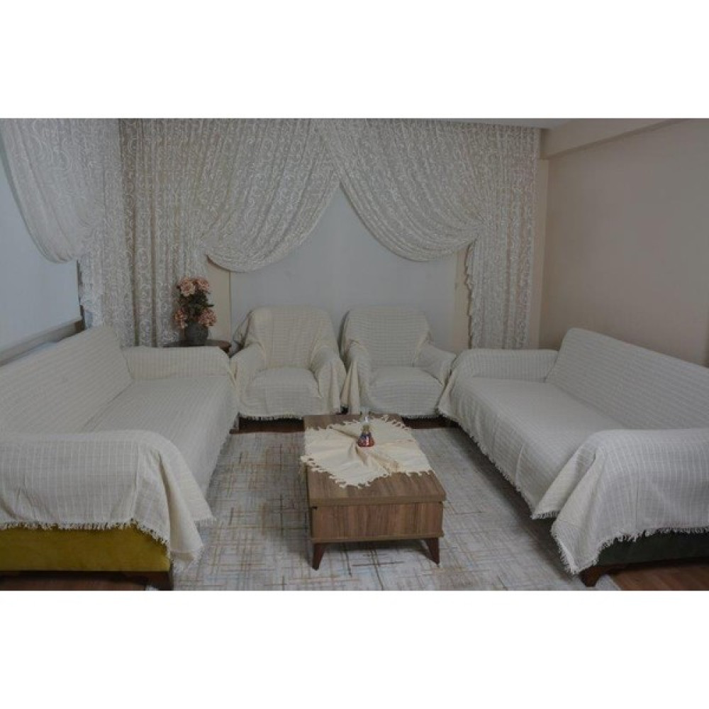 Buldandan Al Natural Kareli Kenarları Püsküllü Koltuk Örtüsü Set ( 3+3+1+1) - 180 x 320 cm Koltuk & Kanepe Örtüsü Fiyatı