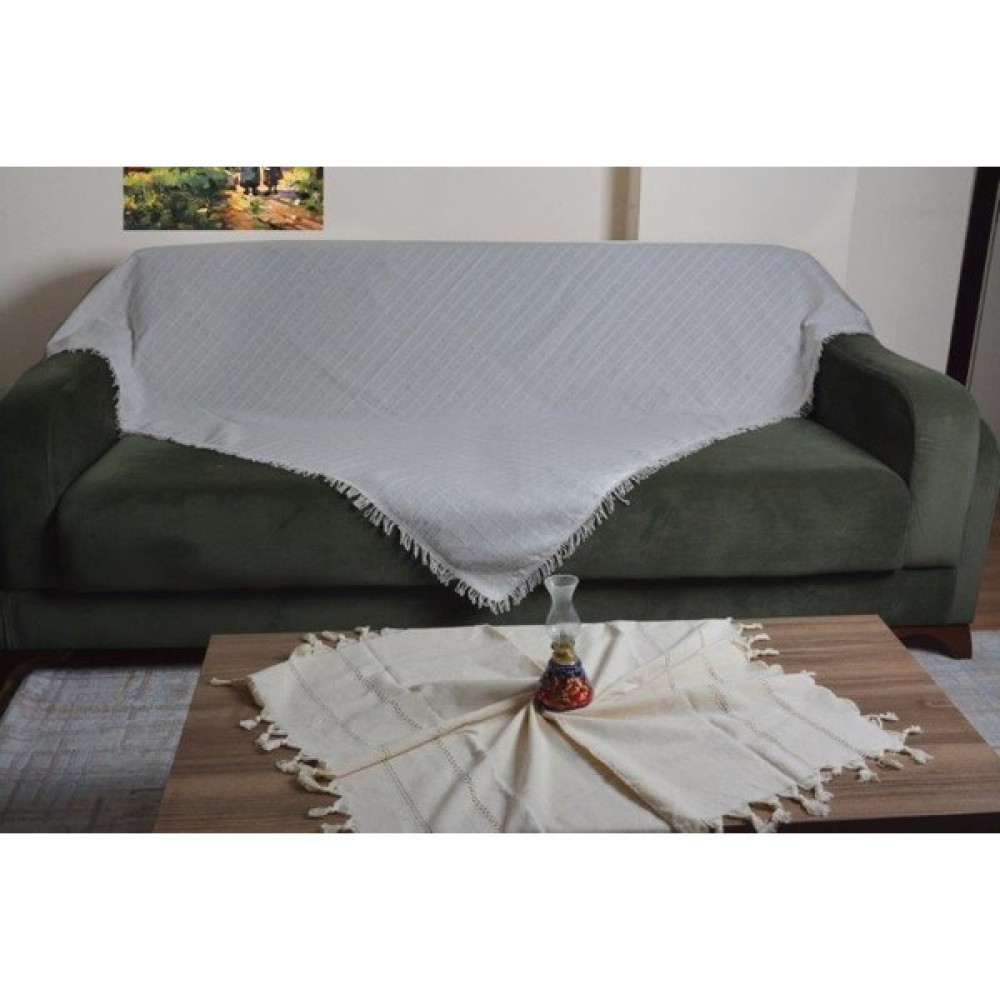 Buldandan Al Natural Kareli Kenarları Püsküllü Tek Koltuk / Sedir Örtüsü - 180 x 220 cm Koltuk & Kanepe Örtüsü Fiyatı