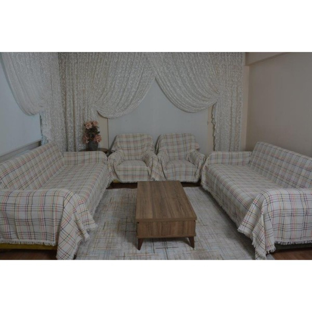 Buldandan Al Renkli Kareli Kenarları Püsküllü Koltuk Örtüsü Set ( 3+3+1+1) - 180 x 320 cm Koltuk & Kanepe Örtüsü Fiyatı