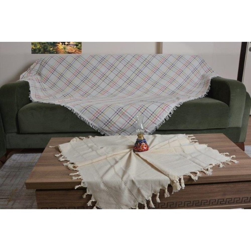 Buldandan Al Renkli Kareli Kenarları Püsküllü Tek Koltuk / Sedir Örtüsü - 180 x 220 cm Koltuk & Kanepe Örtüsü Fiyatı