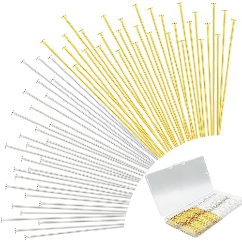 Bulrash 800 Pieces 30mm Flat Head Pins for DIY Jewelry Craft Making 1.18 Inch Metal End Straight Pins for Bracelet Necklace Earring Pendant Supplies(Flat Head Pins-Gold and Silver)