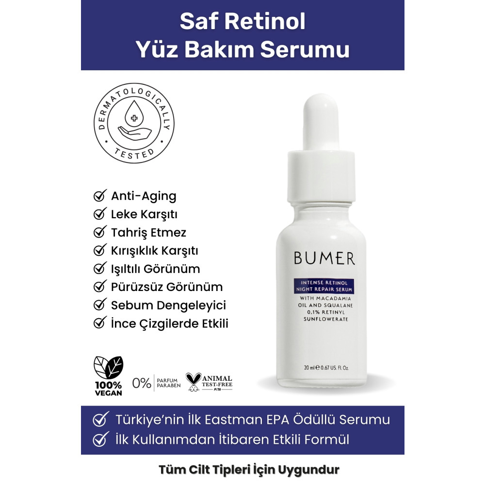 BUMER Yoğunlaştırılmış Saf Retinol Yaşlanma & Kırışıklık Karşıtı Yüz Ve Cilt Yenileyici Gece Serumu 20 ml Cilt ve Yüz Bakımı Fiyatı
