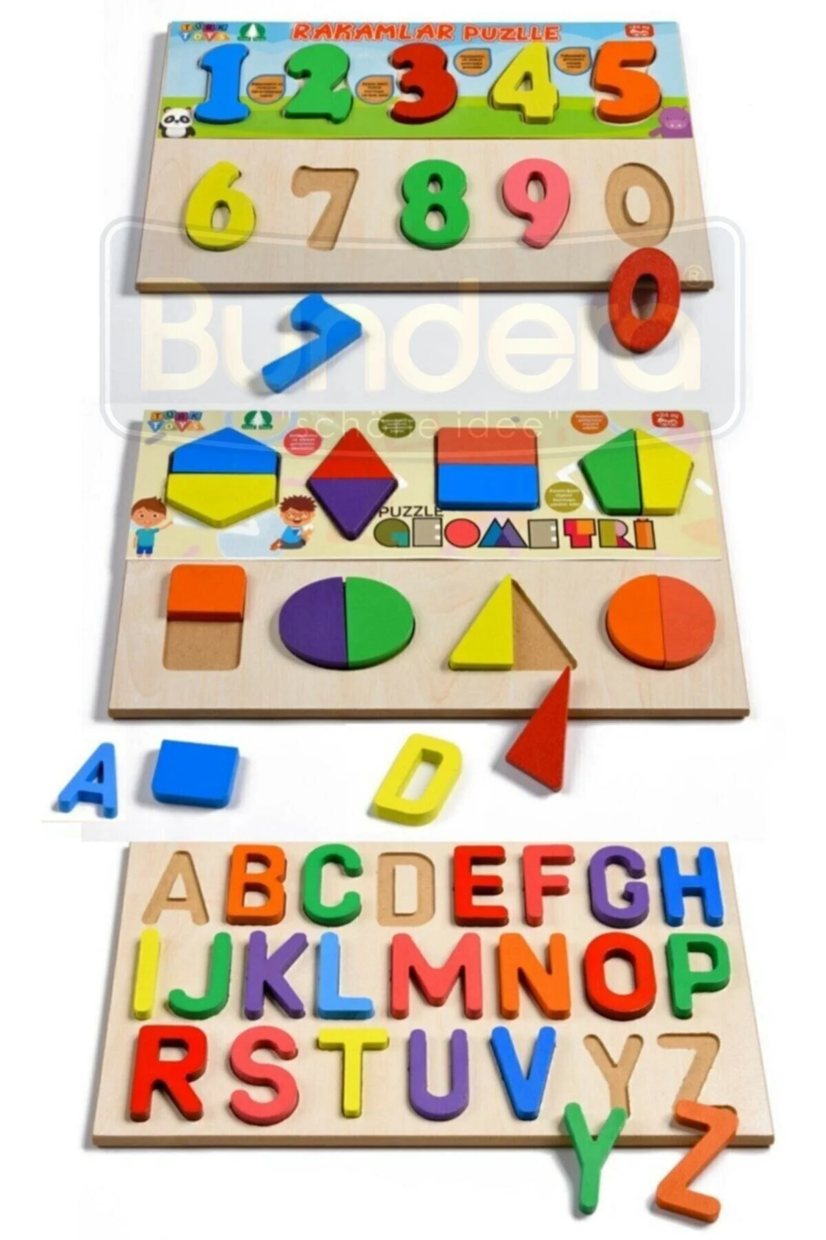 Bundera Ahşap Alfabe & Rakamlar & Geometri 3ü 1 Arada Bultak Eğitici Oyuncak" Puzzle & Aksesuarları Fiyatı