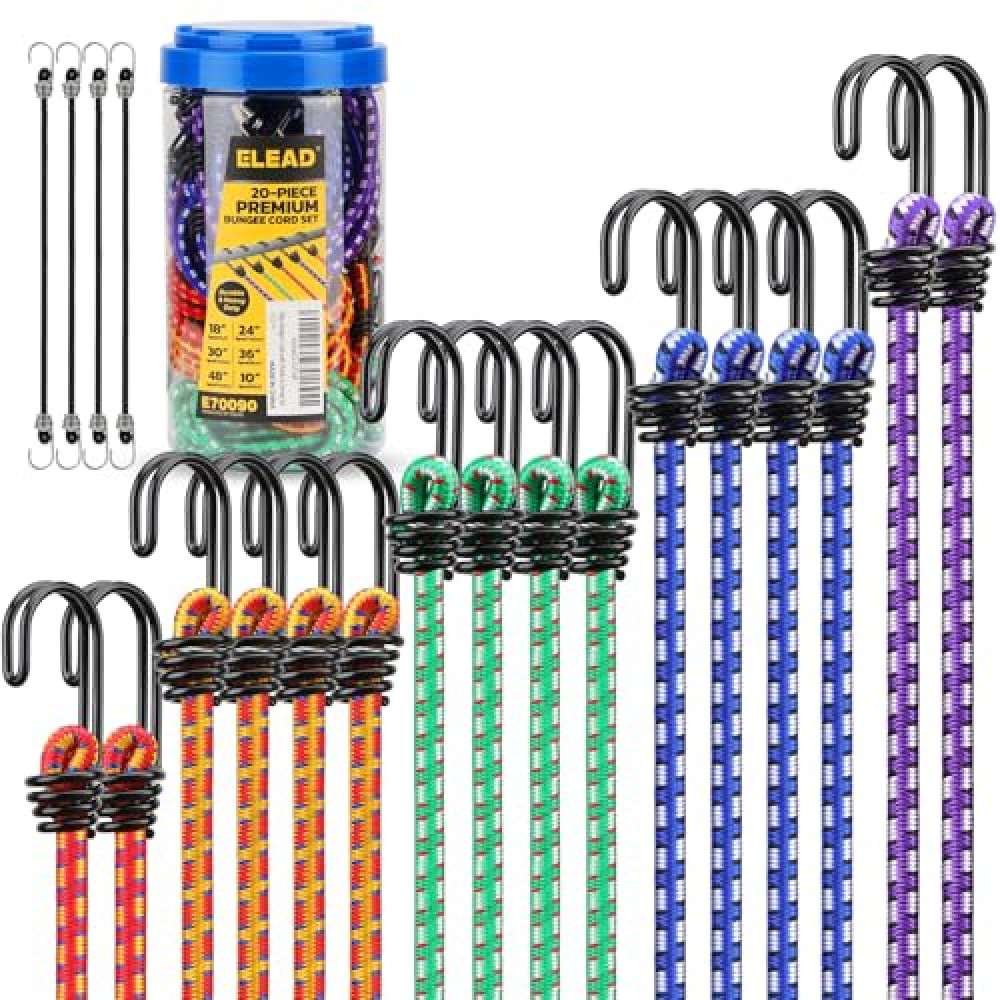Bungee Cords Heavy Duty Outdoor: 20 Pcs Premium Rubber Bungee Cords with Hooks in a Storage Jar Includes 10", 18", 24", 30", 36", 48" Bungee Cord for Camping, Tent, Fastening Items