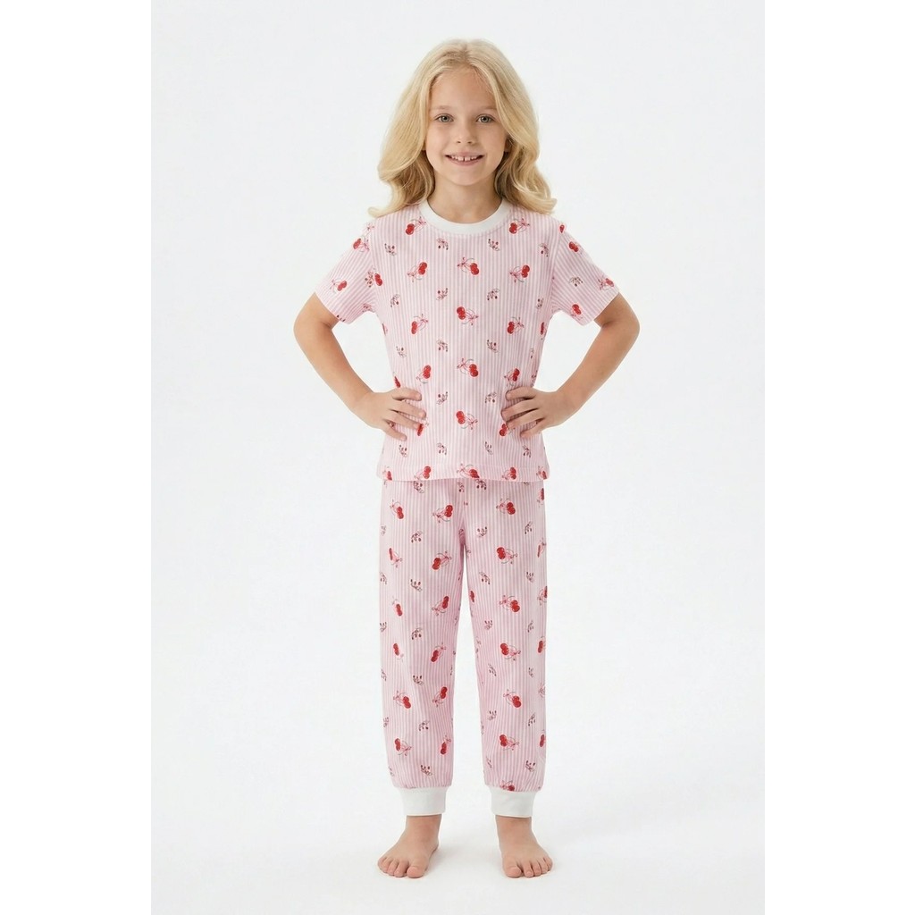 Bunny Hopp Kiraz Desenli Çizgili Kısa Kollu Kız Çocuk Pijama Takımı - %100 Pamuklu Pembe Uyku Seti Kız Çocuk Pijama Fiyatı