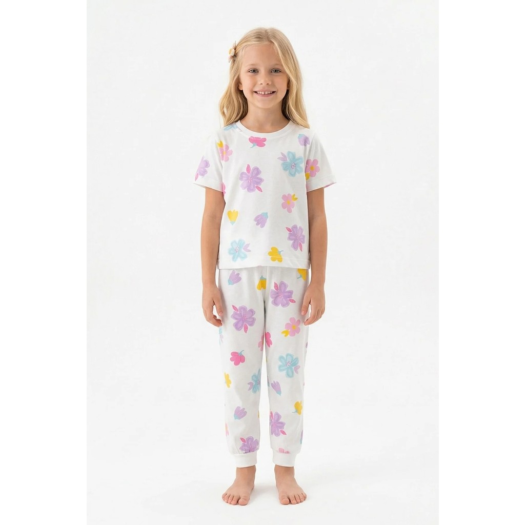 Bunny Hopp Renkli Çiçek Desenli Kısa Kollu Kız Çocuk Pijama Takımı - %100 Pamuklu Beyaz Takım SSD / Solid State Drive Fiyatı