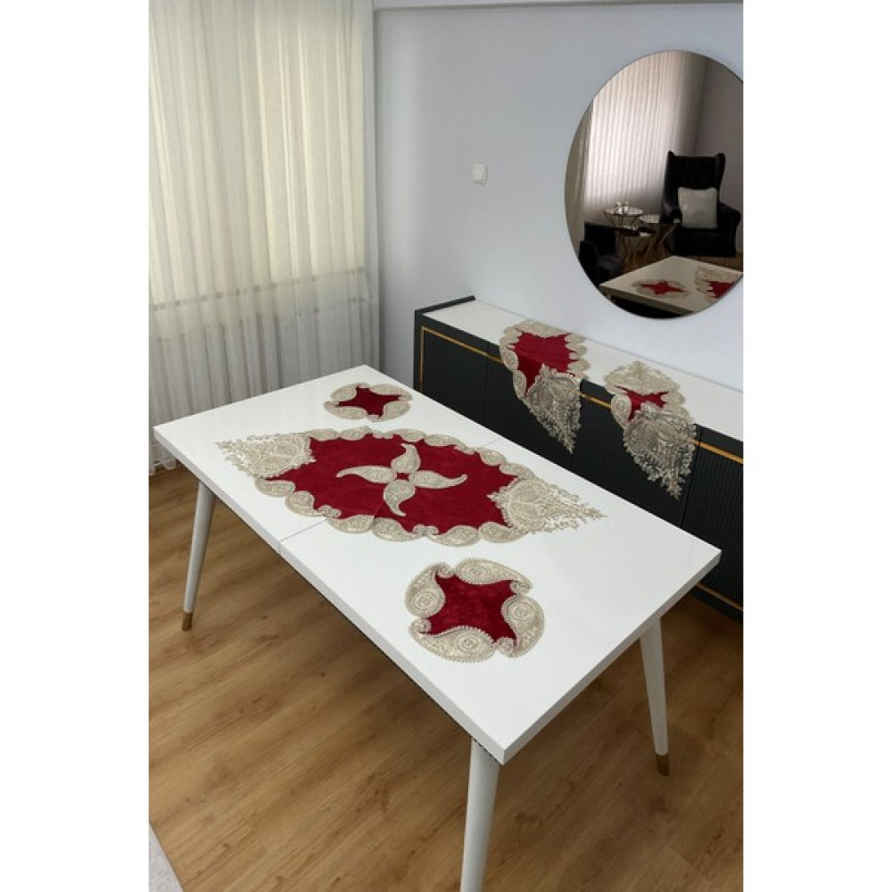 Bünyamin Çalışkan 5 Parça Salon Takımı - Lüx Kadife Dantelli 5 Parça Salon Seti - Bordo - 60 x 130 cm Masa Örtüsü Fiyatı