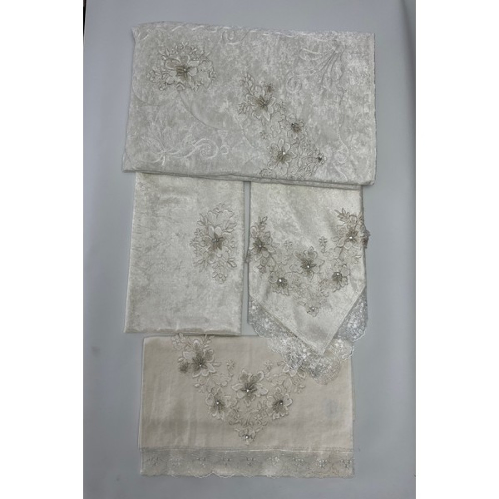 Bünyamin Çalışkan Kadife Seccade Seti 4 Parça - Çeyizlik Kadife Seccade Takımı 4'lü - 80 x 130 cm - Krem Seccade Fiyatı