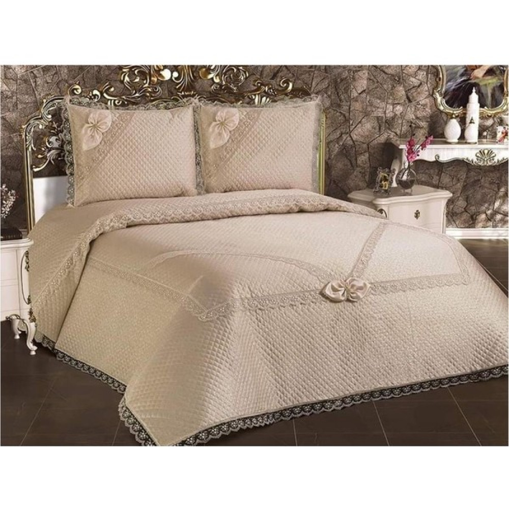 Bünyamin Çalışkan Naime Pike Takımı ve Yatak Örtüsü - Kapitone Güpürlü Pudra Pike Takımı ve Yatak Örtüsü Çift Kişilik - Cappuccino - 240 x 250 cm Yatak Örtüsü Fiyatı