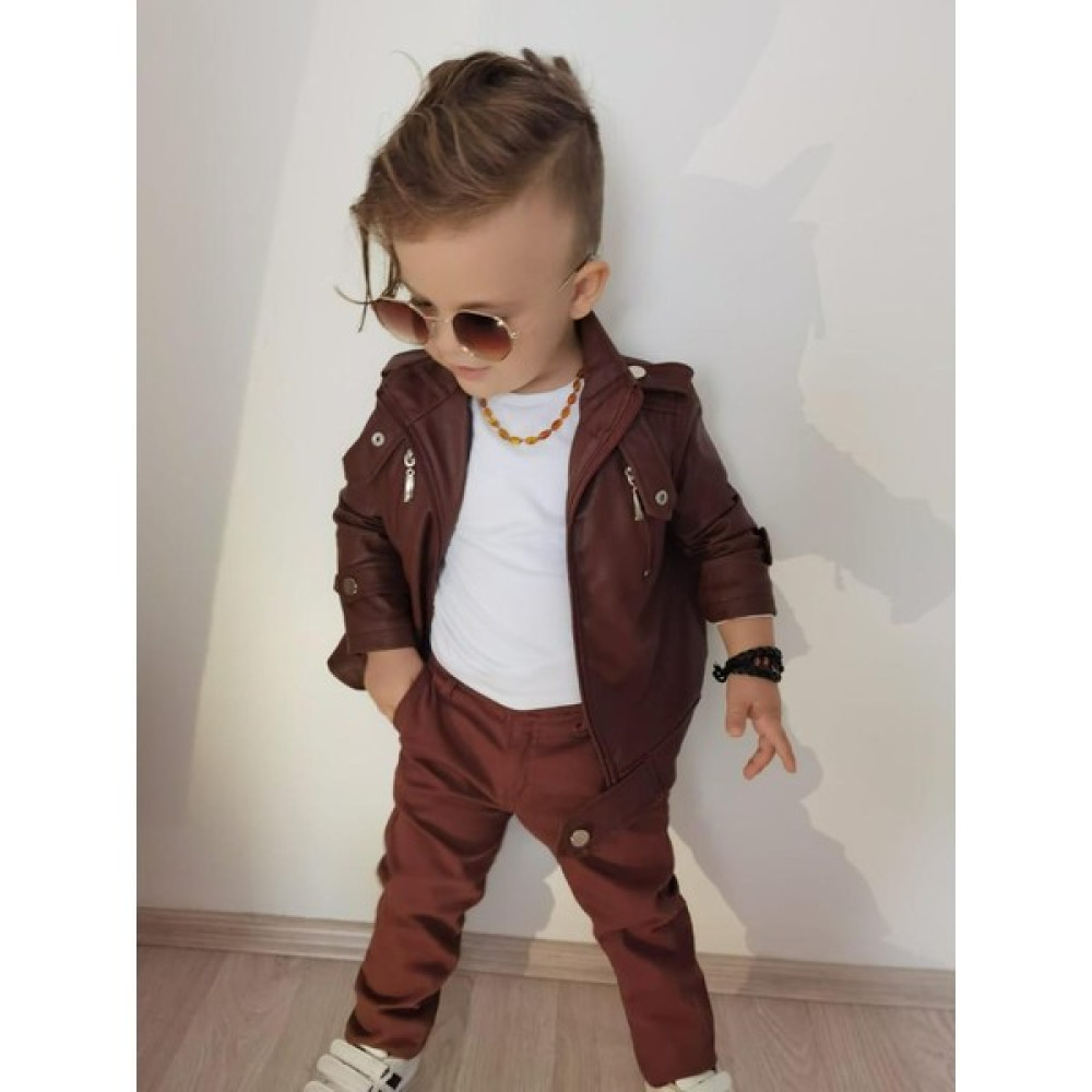 Burçak Butik Gabardin Pantolon / Kahverengi Deri Ceket / Suprem Tişört 3'lü Set Erkek Çocuk Giyim Takımı Fiyatı