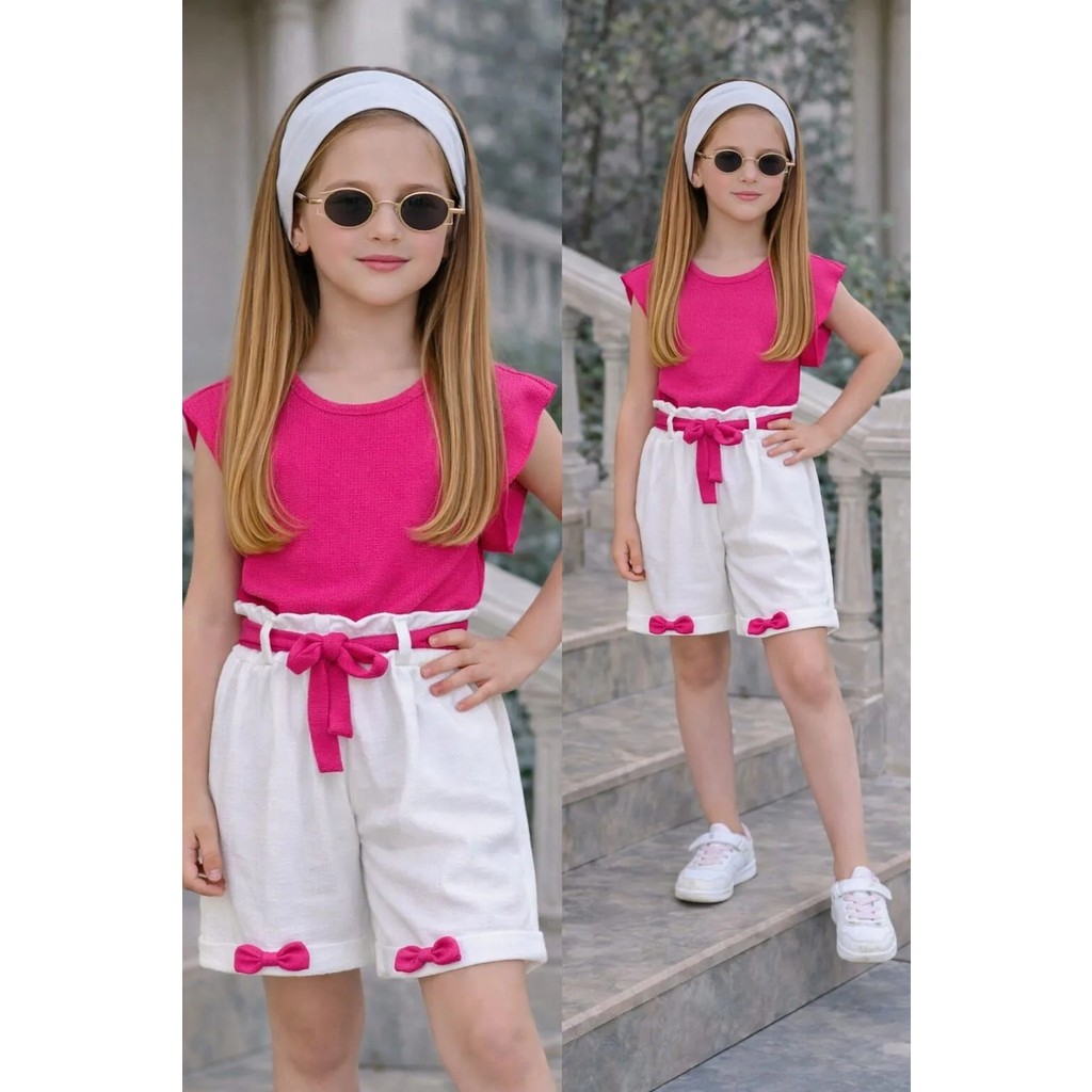 Burçak Butik Kız Çocuk Yazlık Müslin Şortlu Set | Bluz Bandana Kemer Tak-Çıkar Fiyonk Hediyeli Takım Giyim & İç Giyim Fiyatı
