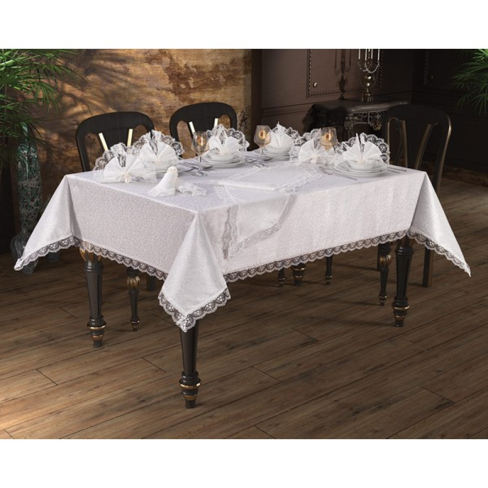 Bursa Çeyiz 18 Parça Fransız Güpürlü Kdk Yemek Takımı - Açık Krem - 160 x 220 cm Masa Örtüsü Fiyatı