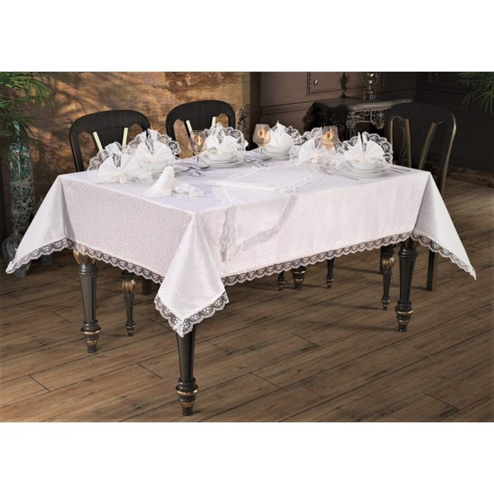 Bursa Çeyiz 18 Parça Fransız Güpürlü Yemek Takımı - Açık Krem - 160 x 220 cm Masa Örtüsü Fiyatı