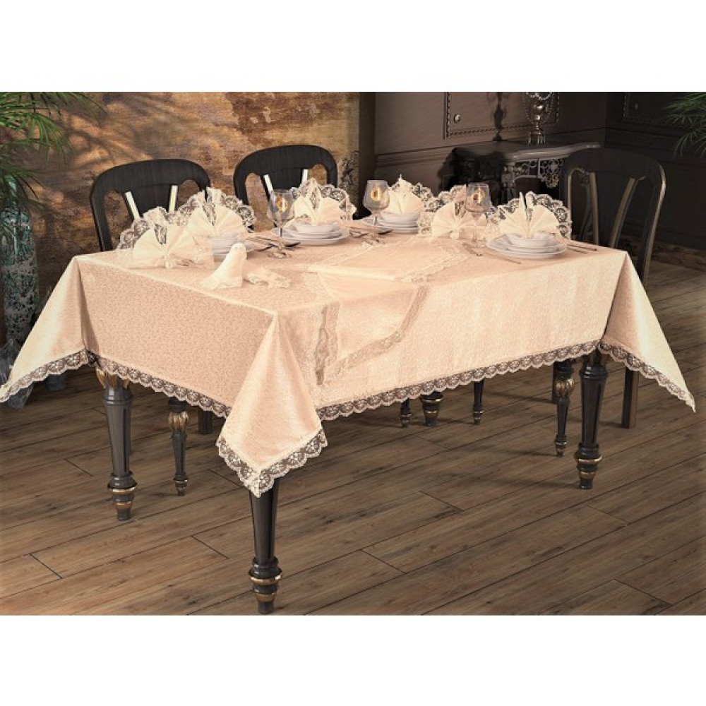 Bursa Çeyiz 18 Parça Fransız Güpürlü Yemek Takımı - Cappuccino - 160 x 220 cm Masa Örtüsü Fiyatı