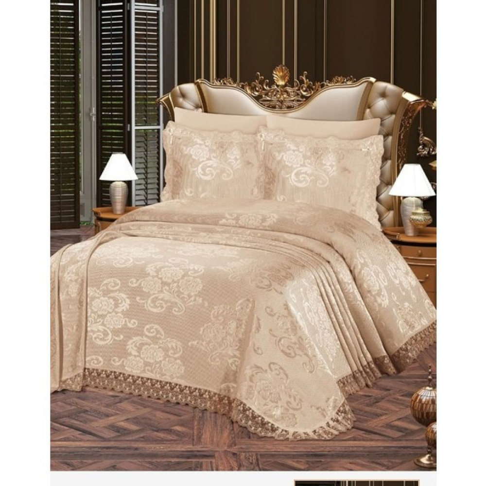 Bursa Çeyiz Fransız Dantelli Aden Brokar Yatak Örtüsü 3 Parça - Cappuccino - 240 x 260 cm Yatak Örtüsü Fiyatı