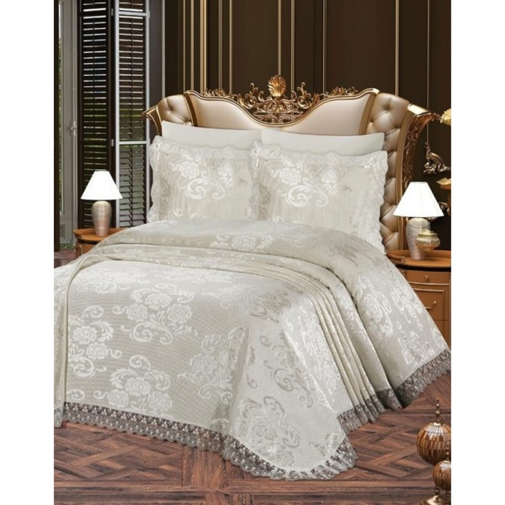 Bursa Çeyiz Fransız Dantelli Aden Brokar Yatak Örtüsü 3 Parça - Krem - 240 x 260 cm Yatak Örtüsü Fiyatı