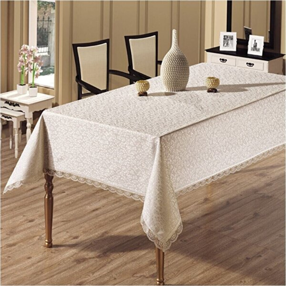 Bursa Çeyiz Fransız Dantelli Dertsiz Masa Örtüsü - Beyaz - Krem - 160 x 220 cm Masa Örtüsü Fiyatı