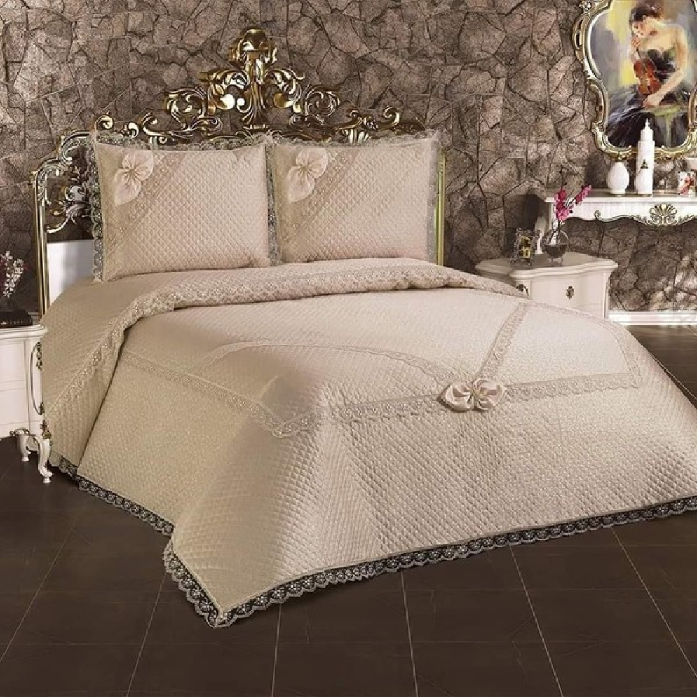 Bursa Çeyiz Fransız Güpürlü Çift Kişilik Yatak Örtüsü - 250 x 260 cm - Cappuccino Yatak Örtüsü Fiyatı