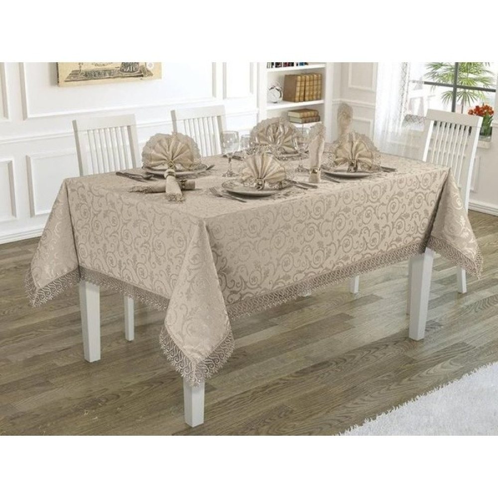 Bursa Çeyiz Kdk Fransiz Güpürlu Dertsiz Leke Tutmaz Kumaş Yemek Takımı - Bej - 160 x 220 cm Masa Örtüsü Fiyatı