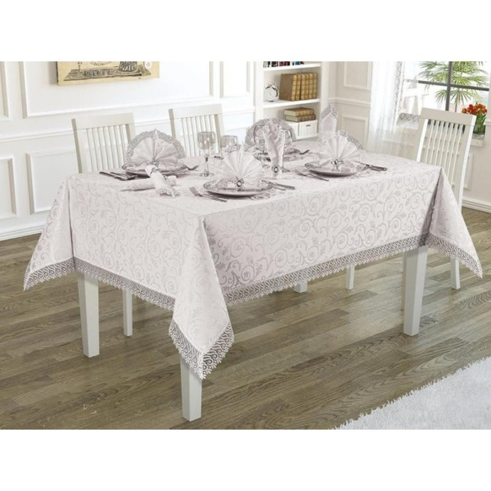 Bursa Çeyiz Kdk Fransiz Güpürlu Dertsiz Leke Tutmaz Kumaş Yemek Takımı - Beyaz - 160 x 220 cm Masa Örtüsü Fiyatı