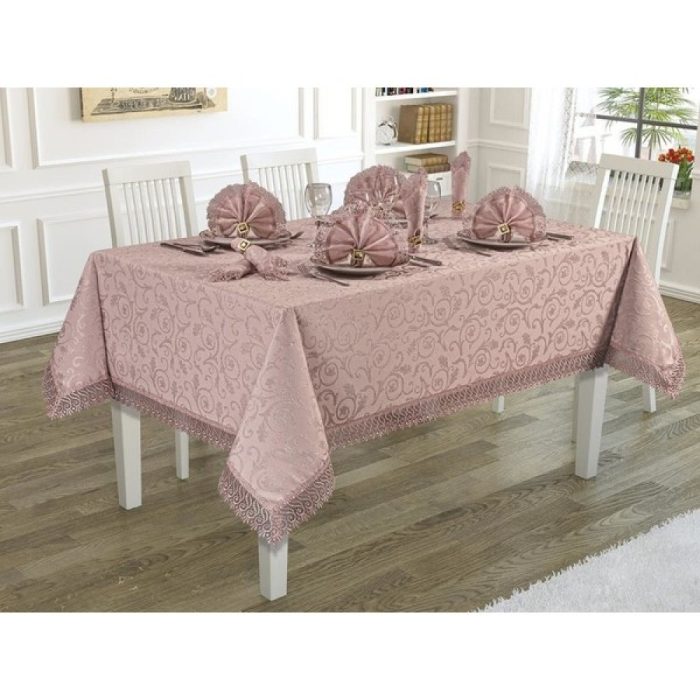 Bursa Çeyiz Kdk Fransiz Güpürlu Dertsiz Leke Tutmaz Kumaş Yemek Takımı - Pudra - 160 x 220 cm Masa Örtüsü Fiyatı