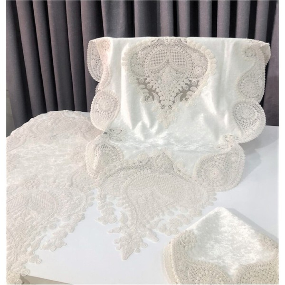 Bursa Çeyiz Krem Zambak Kadife Salon Takımı 5 Parça - 40 x 90 cm Masa Örtüsü Fiyatı