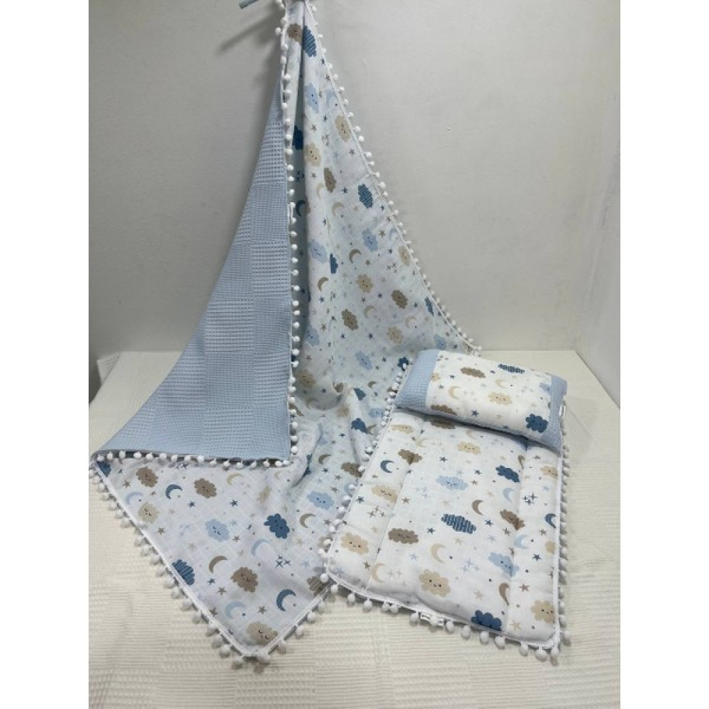 Buse Baby Home Busebabyhome Mavi , Müslin ve Ponponlu Alt Açma , Yastık ve Battaniye 3'lü Set Bebek Alt Açma Minderi Fiyatı