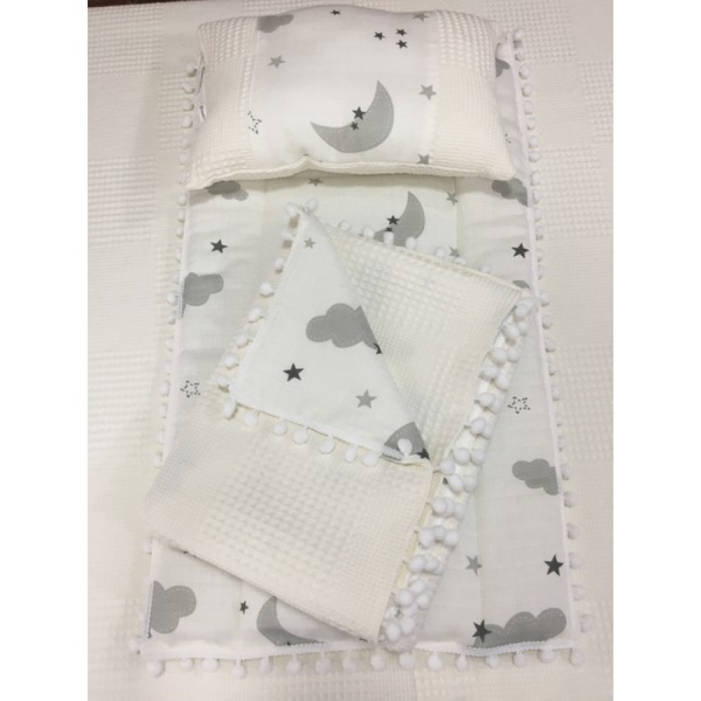Buse Baby Home Krem , Müslin ve Ponponlu Alt Açma , Yastık ve Battaniye 3'lü Set - Yenidoğan Bebek Alt Açma Minderi Fiyatı