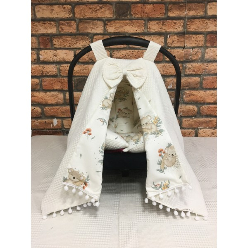 Buse Baby Home Krem Pikeli ve Poplin Kumaş, Ponponlu Puset Örtüsü ve Puset Minderi 2'li Set - Krem Rengi Bebek Oto Koltuğu Fiyatı