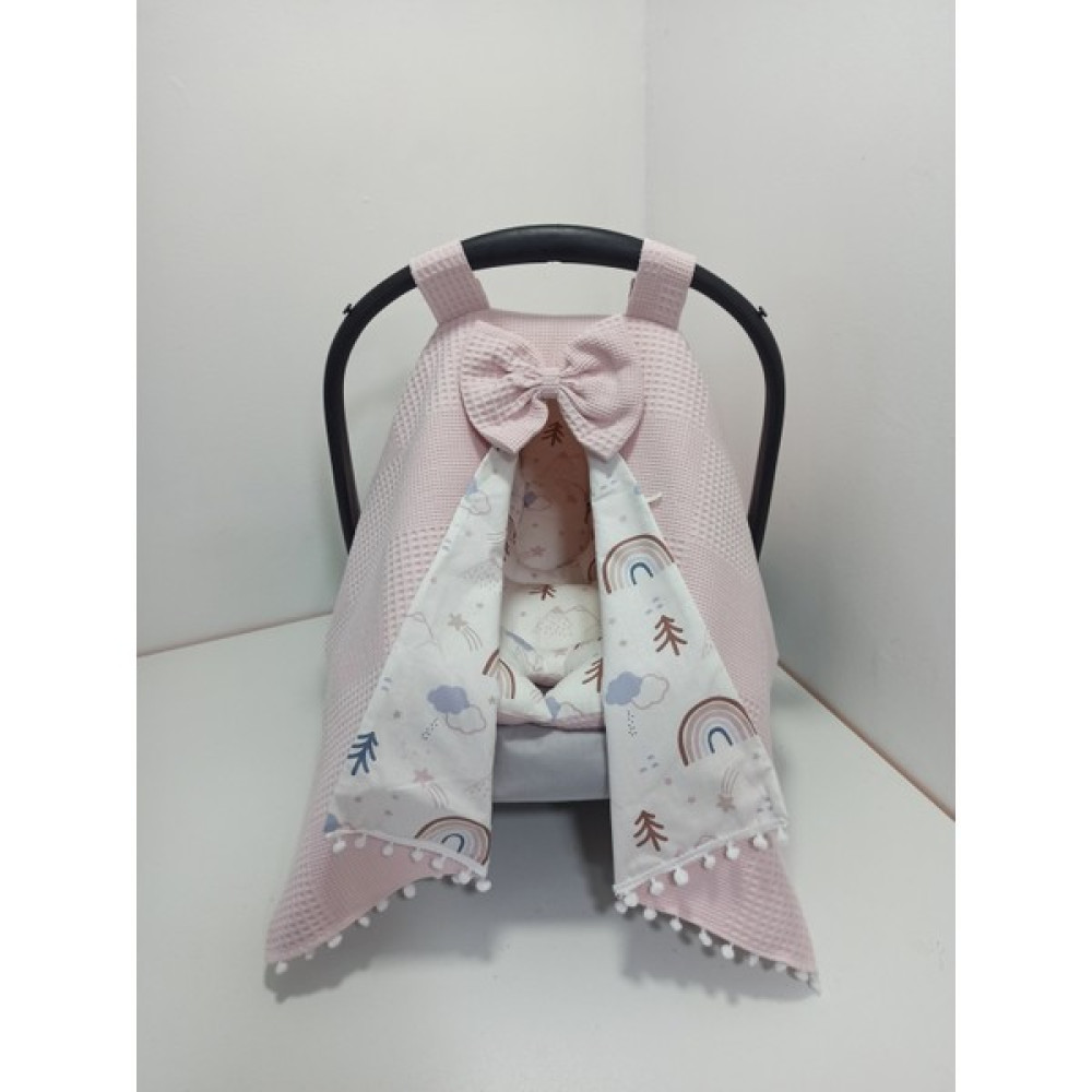 Buse Baby Home Pembe Pikeli ve Poplin Kumaş, Ponponlu Puset Örtüsü ve Puset Minderi 2'li Set Bebek Oto Koltuğu Fiyatı