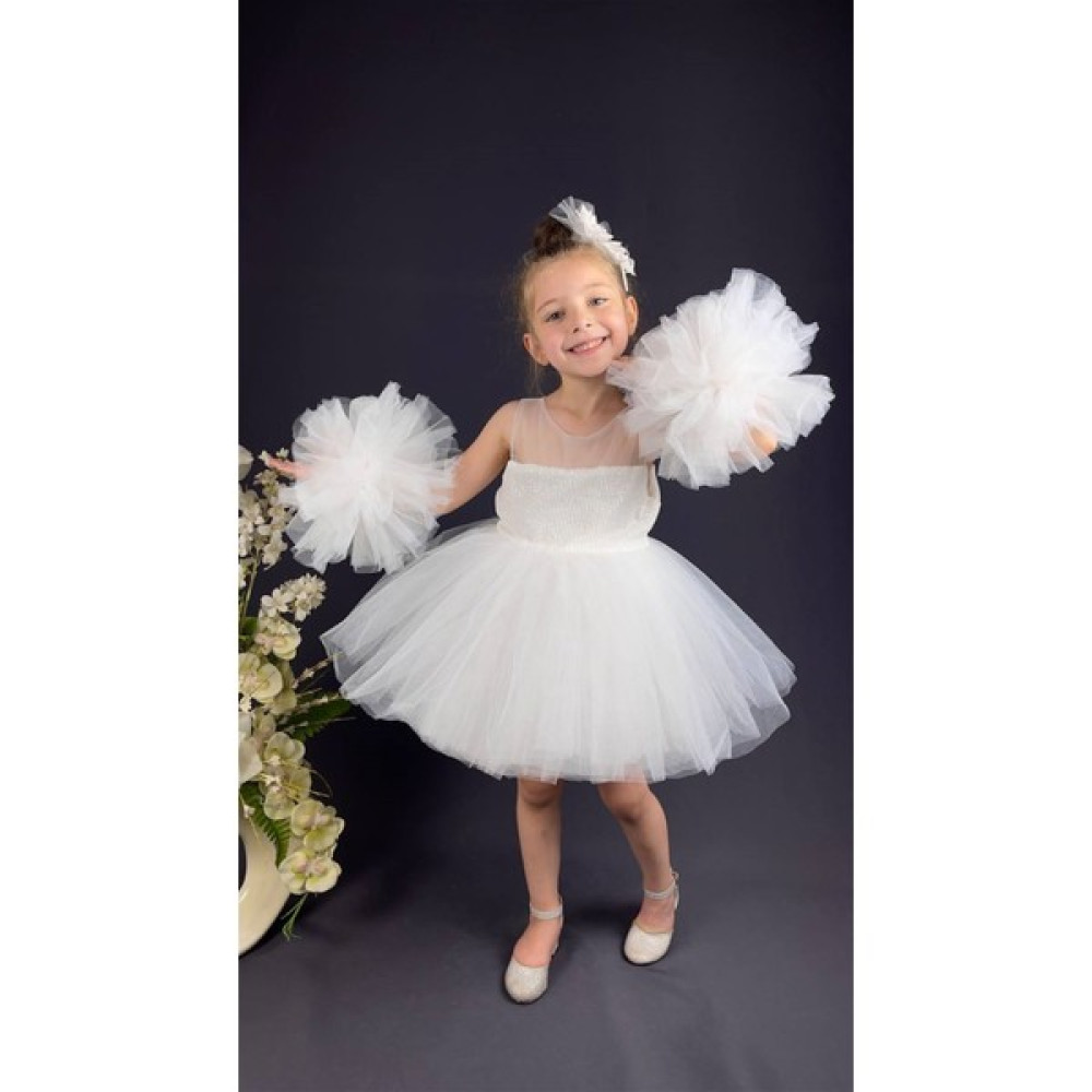 Buse & Eylül Bebe Beyaz Ponpon Kollu Pullu Kız Çocuk Abiye Kız Çocuk Elbise Fiyatı
