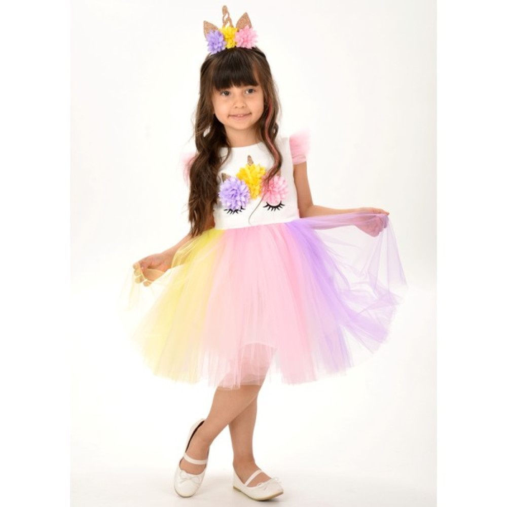 Buse & Eylül Bebe Unicorn Taçlı Rengarenk Kız Çocuk Parti Elbisesi Kız Çocuk Elbise Fiyatı