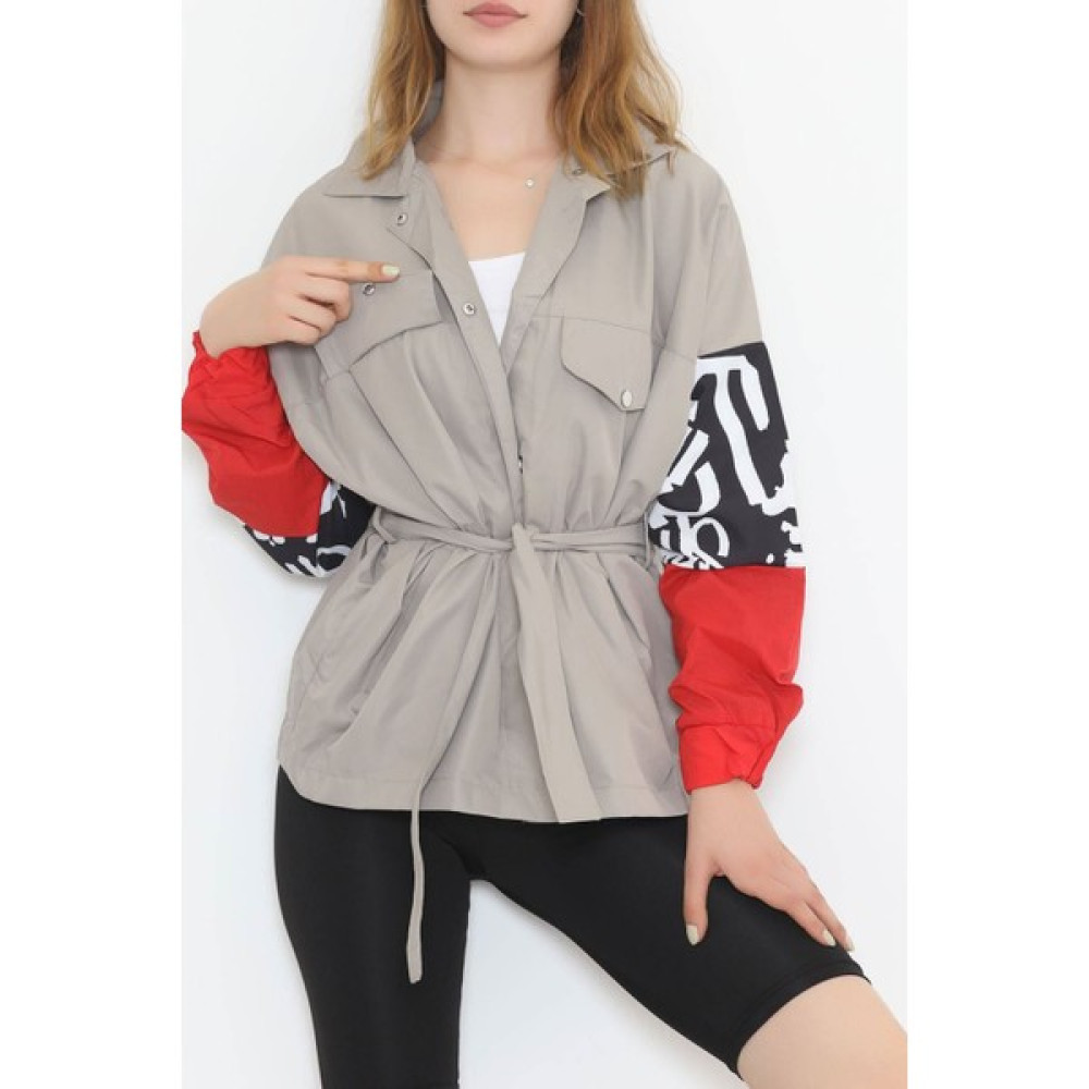 Buse Shopier Kolları Baskı Detaylı Yağmurluk Açıkhaki - 1364.1367. Kadın Yağmurluk Fiyatı
