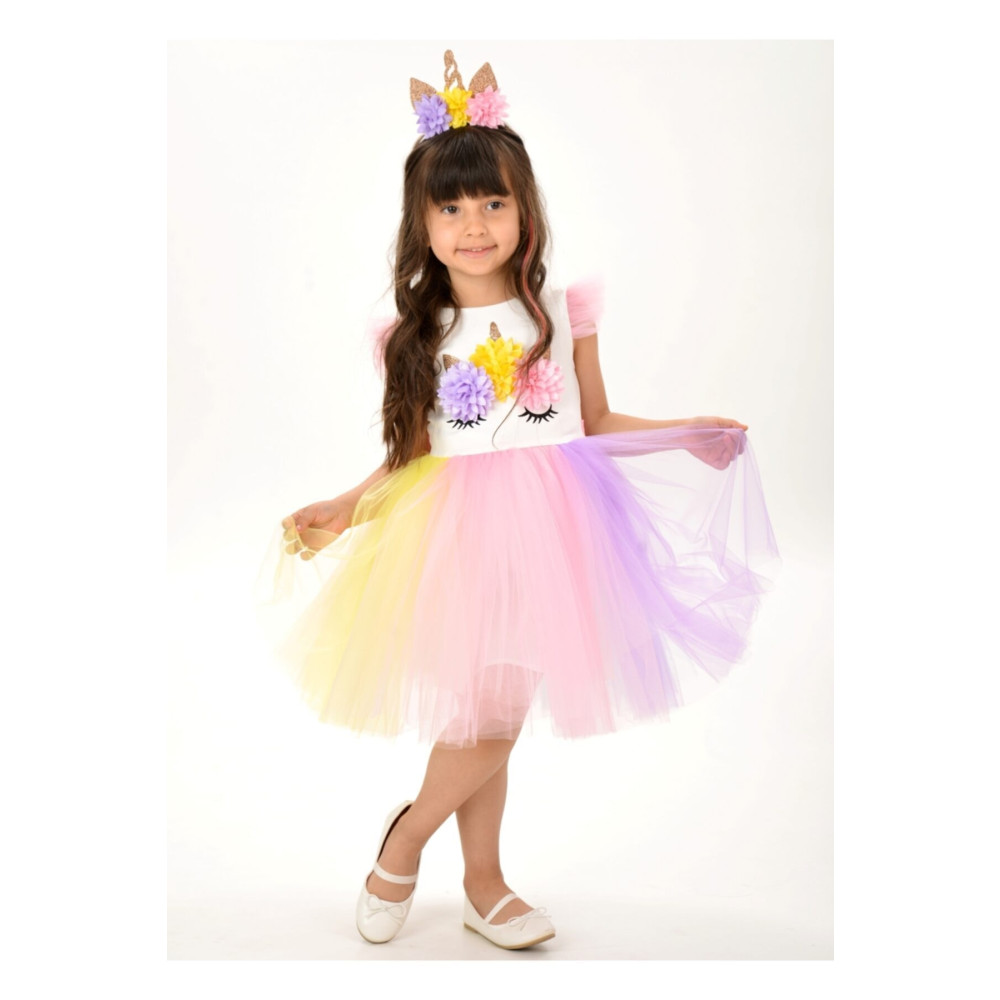 Buse&Eylül Bebe Kız Çocuk Beyaz Unicorn Figürlü Taçlı Elbise 2 YAŞ Beden Elbise Fiyatı