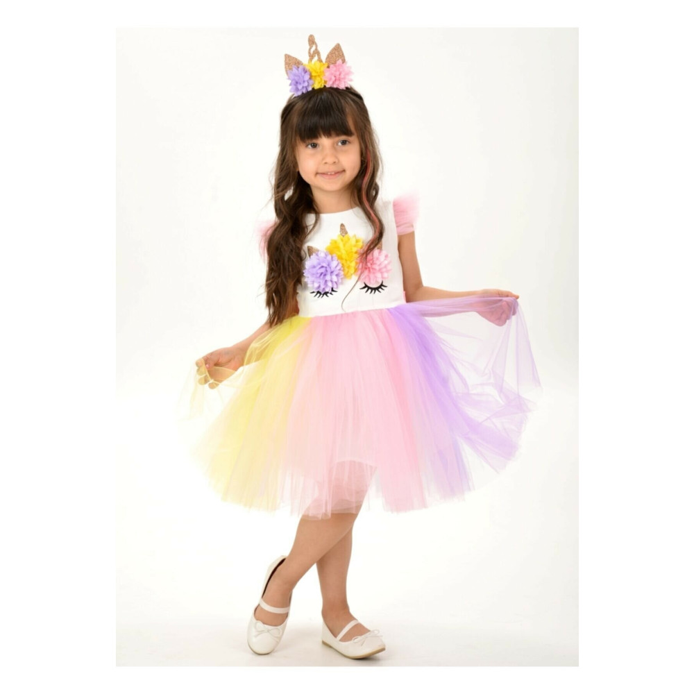 Buse&Eylül Bebe Unicorn Taçlı Rengarenk Kız Çocuk Parti Elbisesi 8 Yaş Beden Elbise Fiyatı